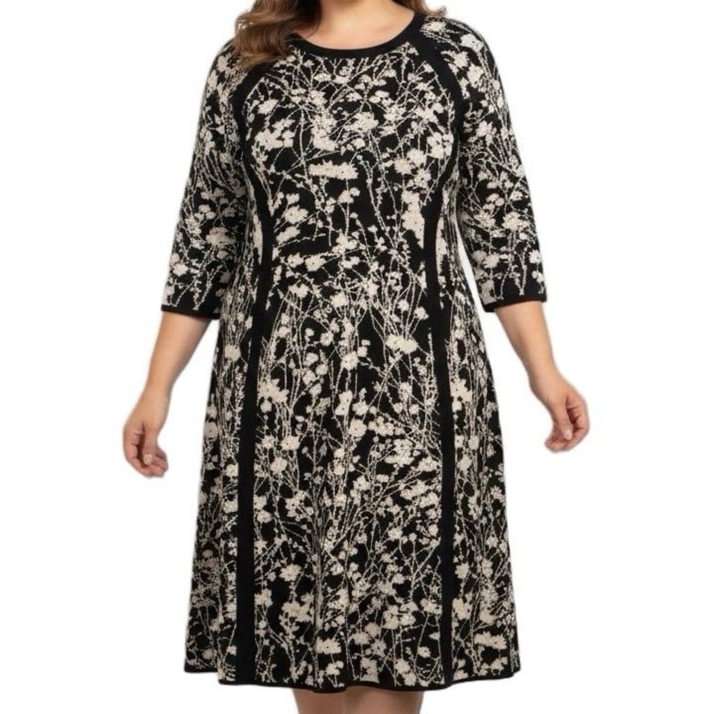 Taylor Woman Black Cream Floral Botanical Plus Size Dress 3/4 Sleeve 2X‎ NWOT